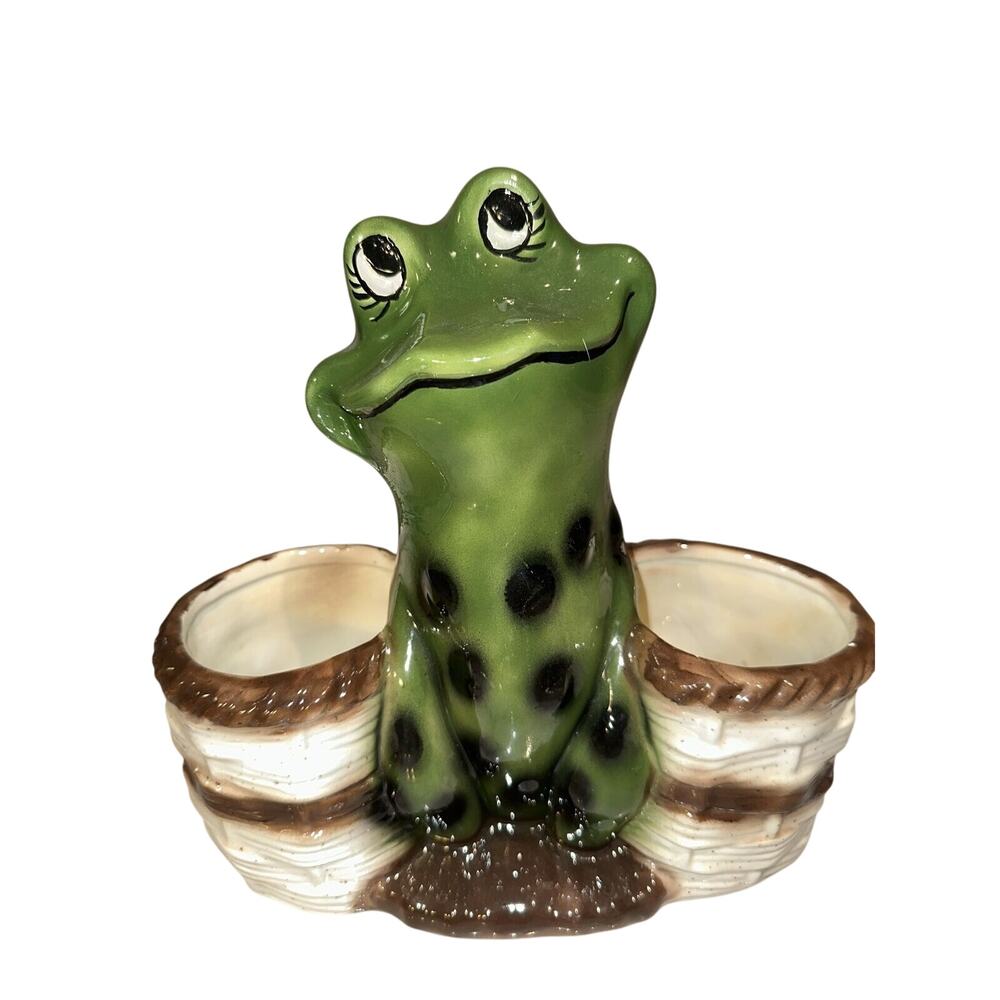 Vintage 9" Handmade Majolica Ceramic Kitsch Frog Double Planter Pot Basket Retro